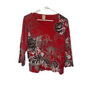Jess & Jane Red Black White Pullover Blouse 3/4 Sleeves Size Large